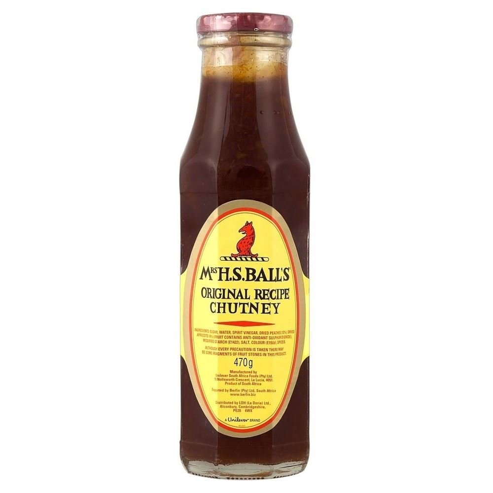 Bottle of M. H. S. Ball's Original Recipe Chutney on a white background
